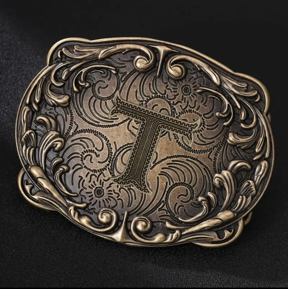 Western Initial “T” Belt Buckle – Monogram Floral Scroll – Cowboy Cowgirl
